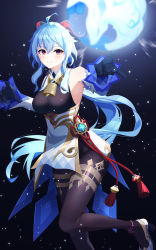 Rule 34 | 1girl, ahoge, arm up, armpits, bare shoulders, bell, black gloves, black pantyhose, blue hair, blush, breasts, chinese knot, detached sleeves, flower knot, ganyu (genshin impact), genshin impact, gloves, gold trim, high heels, highres, horns, long hair, looking at viewer, medium breasts, natuki taki, neck bell, orb, pantyhose, parted lips, purple eyes, red rope, rope, sidelocks, solo, standing, tassel, thighlet, thighs, vision (genshin impact), white sleeves