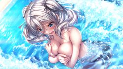 Rule 34 | 1girl, amakano 2, bikini, bikini bottom only, blue eyes, blush, breasts, covering privates, covering breasts, crossed arms, day, grey hair, hair between eyes, hair ribbon, highres, jigokudani sara, large breasts, long hair, mole, mole under eye, nude, official art, open mouth, photoshop (medium), piromizu, ribbon, solo, swimsuit, topless, twintails, wading, water, wet