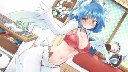 Rule 34 | 1girl, artist request, bird legs, bird tail, blue hair, blush, breasts, dodo (bird), feathers, flower, game cg, hair between eyes, hair flower, hair ornament, hairband, harpy, indoors, large breasts, lea (monster musume), looking at viewer, midriff, monster girl, monster musume no iru nichijou, monster musume no iru nichijou online, navel, official art, panties, photo (object), pink panties, short hair, short tail, solo, stuffed animal, stuffed toy, tail, tearing up, underwear, wavy mouth, white feathers, white flower, white wings, wide hips, winged arms, wings, yarn bobbin, yellow eyes