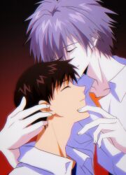 Rule 34 | 2boys, adam&#039;s apple, arms up, black shirt, brown hair, closed eyes, closed mouth, collarbone, collared shirt, commentary, couple, finger to another&#039;s mouth, gradient background, grey hair, hair over one eye, hand on another&#039;s head, head kiss, highres, ikari shinji, kiss, male focus, multiple boys, nagisa kaworu, neon genesis evangelion, one eye covered, open collar, orange shirt, shirt, short hair, tousok, undershirt, upper body, white shirt, yaoi