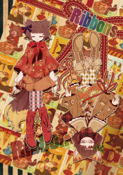 Rule 34 | 2girls, animal ears, argyle, argyle clothes, argyle legwear, boots, bow, brown hair, capelet, chachi (azuzu), closed eyes, glasses, hair bow, jacket, multiple girls, original, pantyhose, patterned legwear, plaid, plaid scarf, ribbon, scarf, short hair, smile, tail, tiger ears, tiger tail, upside-down, wolf ears, wolf tail
