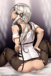 Rule 34 | 1girl, anus, ass, bare shoulders, black pantyhose, blush, braid, censored, from behind, girls&#039; frontline, green eyes, grey hair, hair ornament, heterochromia, highres, knee pads, leaf hair ornament, long hair, looking at viewer, looking back, mismatched sclera, mosaic censoring, nephlite, pantyhose, parted lips, sitting, solo, suspenders, symbol-shaped pupils, tac-50 (girls&#039; frontline), thigh strap, torn clothes, torn pantyhose, yellow eyes