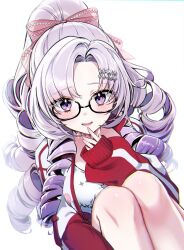 Rule 34 | 1girl, absurdres, black-framed eyewear, bow, drill hair, glasses, hair bow, hair ornament, hairclip, high ponytail, highres, hyakumantenbara salome, hyakumantenbara salome (casual), jacket, long hair, nijisanji, open clothes, open jacket, open mouth, pink bow, purple eyes, purple hair, simple background, smile, solo, sunano reona, track jacket, virtual youtuber, white background