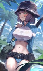 Rule 34 | 1girl, absurdres, black hair, black hat, blue archive, breasts, clothes writing, cowboy shot, day, green eyes, green halo, halo, hashtag-only commentary, hat, highres, large breasts, long sleeves, navel, official alternate costume, orecalc3092, outdoors, palm tree, raglan sleeves, rash guard, saki (blue archive), saki (swimsuit) (blue archive), short hair, solo, tree, wet