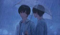 Rule 34 | 2boys, absurdres, black eyes, black hair, closed mouth, collared jacket, hair between eyes, highres, holding, holding umbrella, jacket, long sleeves, looking at another, male focus, multiple boys, original, rain, shared umbrella, shirt, short hair, simple background, standing, transparent, transparent umbrella, umbrella, white jacket, white shirt, yuikawa (00hyr)