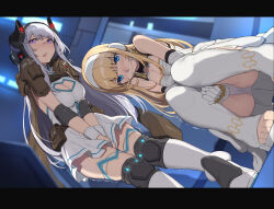 Rule 34 | 2girls, backlighting, bare shoulders, belt, belt pouch, between legs, blonde hair, blue eyes, blurry, blurry background, blush, boots, breasts, cleavage, cleavage cutout, closed mouth, clothing cutout, dress, dutch angle, elbow gloves, elbow pads, embarrassed, evelysse (star ocean), female focus, fisheye, from below, gloves, grey hair, hairband, hand between legs, have to pee, headgear, highres, indoors, knee boots, knee pads, knees together feet apart, letterboxed, long hair, looking at viewer, medium breasts, multiple girls, nagioka, nose blush, open mouth, own hands together, panties, pantyshot, peeing, peeing self, pouch, purple eyes, short dress, shoulder pads, sidelocks, sleeveless, sleeveless dress, squatting, standing, star ocean, star ocean anamnesis, sweat, thigh strap, tika blunche, toeless footwear, toes, trembling, underwear, upskirt, v arms, wet, wet clothes, wet panties, white dress, white footwear, white gloves, white hairband, white panties