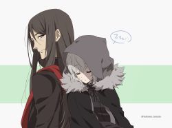 Rule 34 | 1boy, 1girl, back-to-back, black cape, black hair, black jacket, black ribbon, black sweater, blush, brown background, brown hair, cape, chili-tomato (gekikaraya), closed eyes, closed mouth, commentary request, fate (series), fur trim, gray (fate), hair between eyes, highres, hood, hood up, jacket, leaning on person, long hair, long sleeves, lord el-melloi ii, lord el-melloi ii case files, red scarf, ribbon, scarf, short hair, sleeping, speech bubble, spoken zzz, sweater, twitter username, two-tone background, upper body, waver velvet, white background, zzz