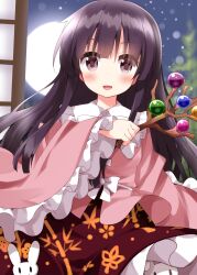 Rule 34 | 1girl, animal, black eyes, black hair, blush, branch, collared shirt, frilled shirt collar, frilled skirt, frilled sleeves, frills, highres, hime cut, holding, holding branch, houraisan kaguya, inaba mob (touhou), japanese clothes, jeweled branch of hourai, long hair, long sleeves, looking at viewer, open mouth, pink shirt, rabbit, red skirt, ruu (tksymkw), shirt, sidelocks, skirt, smile, solo, touhou, wide sleeves