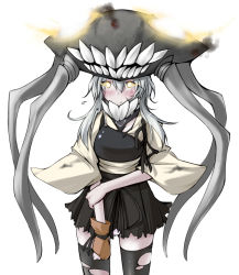 Rule 34 | 10s, 1girl, abyssal ship, black skirt, black thighhighs, blush, burnt clothes, fingerless gloves, full-face blush, gloves, glowing, glowing eyes, hat, kaminagi (kaminagi-tei), kantai collection, long hair, monster girl, muneate, nontraditional miko, pale skin, personification, pleated skirt, shirt, silver hair, simple background, single glove, skirt, solo, tentacles, thighhighs, torn clothes, torn shirt, torn skirt, torn thighhighs, white background, wo-class aircraft carrier, yellow eyes