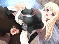 Rule 34 | 1girl, armor, blonde hair, blue eyes, character request, clothes lift, elzikyuchi, embarrassed, fantasy earth zero, from below, kagura mizuki, kaguradou (company), looking at viewer, obetate, open mouth, pantyhose, pussy, skirt, skirt lift, solo, spread legs, surprised, torn clothes, torn pantyhose, uncensored