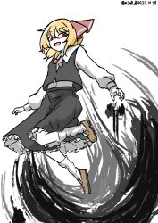 Rule 34 | 1girl, absurdres, blonde hair, commentary request, dress, highres, one-hour drawing challenge, open mouth, rumia, simple background, tagme, touhou, ve1024, white background