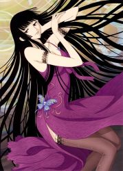 Rule 34 | 00s, 1girl, absurdres, bare shoulders, black hair, bracelet, bug, butterfly, clamp, highres, ichihara yuuko, bug, jewelry, long hair, lying, official art, red eyes, scan, solo, thighhighs, very long hair, xxxholic