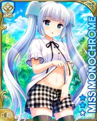 Rule 34 | 1girl, :o, black bow, black shorts, blue eyes, blunt bangs, bow, card, character name, checkered clothes, clothes lift, day, girlfriend (kari), lifted by self, miss monochrome, miss monochrome (character), official art, open mouth, outdoors, qp:flapper, river, shirt, shirt lift, shorts, solo, standing, tagme, twintails, white hair, white shirt