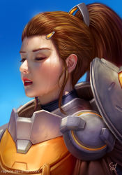 Rule 34 | 1girl, absurdres, armor, brigitte (overwatch), brown hair, commentary, deviantart username, closed eyes, face, full armor, highres, lips, long hair, overwatch, overwatch 1, parted lips, ponytail, raphire, red lips, shoulder armor, signature, solo, sweat, sweatdrop