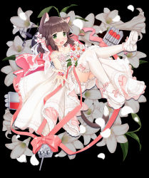 Rule 34 | 1girl, :3, :d, absurdres, alternate costume, animal ear fluff, animal ears, azur lane, bare arms, bare shoulders, black background, bloomers, blush, bouquet, bow, brown hair, candy, candy wrapper, cannon, cat ears, commentary request, dress, fang, flower, food, green eyes, highres, holding, holding candy, holding food, ifnil, legs up, lollipop, looking at viewer, mutsuki (azur lane), open mouth, petals, pink bow, see-through, shoes, simple background, sleeveless, sleeveless dress, smile, solo, thighhighs, turret, twintails, underwear, white bloomers, white dress, white flower, white footwear, white thighhighs