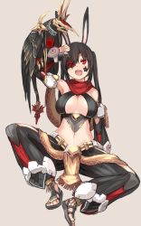 Rule 34 | 1girl, alph lyla, animal ears, arm up, bare shoulders, bird, black hair, breasts, rabbit ears, cleavage, detached sleeves, eyepatch, flower, ganesagi, highres, large breasts, long hair, mask, midriff, open mouth, original, phantasy star, phantasy star online 2, red eyes, rose, sandals, scarf, sitting, smile, solo, twintails