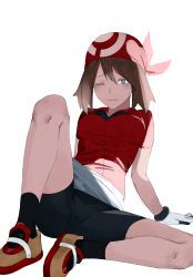 Rule 34 | 1girl, absurdres, arm support, bandana, bike shorts, black shorts, blue eyes, breasts, closed mouth, collared shirt, creatures (company), female focus, game freak, gloves, hair between eyes, highres, keiz, knees up, light blush, looking at viewer, may (pokemon), medium breasts, nintendo, one eye closed, overskirt, pokemon, pokemon rse, red shirt, shirt, shoes, short sleeves, shorts, simple background, skirt, solo, spread legs, sweatdrop, white background, white skirt