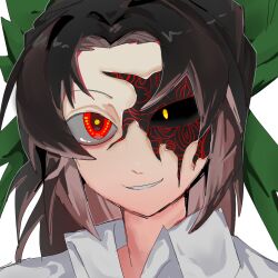 Rule 34 | 1girl, black sclera, black skin, bow, brown hair, chinese commentary, collared shirt, colored sclera, colored skin, commentary request, cracked skin, green bow, grin, hair bow, highres, long hair, looking at viewer, medium bangs, mismatched sclera, parted bangs, portrait, red eyes, reiuji utsuho, shiri fusang, shirt, simple background, smile, solo, touhou, white background, white shirt, yellow pupils