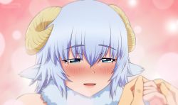 Rule 34 | 1girl, animal ears, blue eyes, blue hair, blush, commentary request, holding hands, horns, light blue hair, looking at viewer, merino (monster musume), monster musume no iru nichijou, neck fur, nose blush, open mouth, pink background, portrait, sheep ears, sheep girl, sheep horns, short hair, smile, solo focus, von-cx