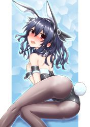 Rule 34 | 10s, 1girl, animal ears, ass, back, bare shoulders, black hair, blush, choujigen game neptune mk2, covering privates, covering breasts, detached collar, fake animal ears, hair ornament, highres, leotard, long hair, looking at viewer, lying, mizunashi (second run), neptune (series), on side, open mouth, outside border, pantyhose, playboy bunny, rabbit ears, rabbit tail, red eyes, short hair, solo, tail, tears, uni (neptunia), wrist cuffs
