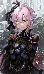 Rule 34 | 1boy, ahoge, black feathers, black flower, black rose, black shirt, bouquet, eichi turnr, ensemble stars!, feather hair ornament, feathers, flower, green eyes, hair flower, hair ornament, headband, highres, himemiya tori, holding, holding bouquet, idol clothes, long sleeves, male focus, open mouth, pink hair, red flower, red rose, rose, shirt, short hair, smile, solo