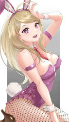 Rule 34 | 1girl, :d, absurdres, ahoge, akamatsu kaede, animal ear hairband, animal ears, arm up, armlet, bare shoulders, blonde hair, danganronpa (series), danganronpa v3: killing harmony, dbals0807, detached collar, fake animal ears, fake tail, fishnet pantyhose, fishnets, fortissimo, gradient background, grey background, hair ornament, hairband, high heels, highres, leotard, long hair, musical note, musical note hair ornament, official alternate costume, open mouth, pantyhose, pink eyes, pink leotard, playboy bunny, rabbit ear hairband, rabbit ears, rabbit tail, skindentation, smile, solo, tail, teeth, upper teeth only, white background, wrist cuffs