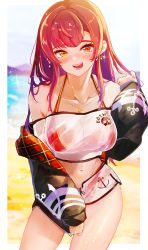 Rule 34 | 1girl, absurdres, aya02ka, bare shoulders, bikini, bikini under clothes, black jacket, blush, breasts, collarbone, cropped shirt, dolphin shorts, earrings, halterneck, heart, heart earrings, heart necklace, heterochromia, highres, hololive, houshou marine, houshou marine (summer), jacket, jacket partially removed, jewelry, large breasts, long hair, long sleeves, looking at viewer, navel, necklace, off-shoulder shirt, off shoulder, open clothes, open jacket, open mouth, puffy long sleeves, puffy sleeves, red bikini, red eyes, red hair, see-through, shirt, short shorts, shorts, smile, solo, string bikini, swimsuit, virtual youtuber, white shirt, white shorts, yellow eyes