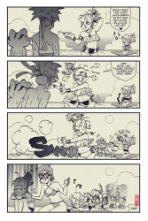 Rule 34 | 4koma, afterimage, applying sunscreen, arm behind head, armband, ayla (chrono trigger), bandeau, beach, beamed eighth notes, bikini, blush, breasts, chrono trigger, cleavage, clenched teeth, closed eyes, comic, constricted pupils, crono (chrono trigger), crying, eighth note, english text, frilled bikini, frills, frog (chrono trigger), frown, greyscale, hair tubes, half-closed eye, halterneck, headband, high ponytail, highres, hood, hoodie, jewelry, lotion, lucca ashtear, male swimwear, marle (chrono trigger), medium breasts, monochrome, motion lines, musical note, navel, necklace, official style, one eye closed, open mouth, pendant, robo (chrono trigger), ryan jampole, sideboob, signature, small breasts, smile, streaming tears, sun, sunscreen, swim trunks, swimsuit, tears, teeth, topless, toriyama akira (style)