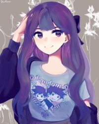 Rule 34 | 1girl, arm up, artist name, bow, earrings, hair bow, highres, idawnrunner, jacket, jewelry, long hair, looking to the side, mari (omori), off shoulder, omori, purple bow, purple hair, purple jacket, smile, solo, upper body