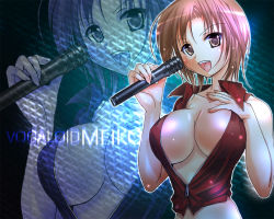 Rule 34 | 1girl, breasts, brown eyes, brown hair, center opening, cleavage, female focus, large breasts, meiko (vocaloid), microphone, short hair, smile, solo, tomoshow, vocaloid, zoom layer