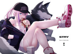 Rule 34 | 1girl, animal, blue eyes, blush, burger, dog, drink, eating, flat chest, food, girls&#039; frontline, hand in jacket, hat, jacket, long hair, looking at viewer, mishima hiroji, pink hair, ponytail, shoes, simple background, sneakers, solo, st ar-15 (girls&#039; frontline), white background