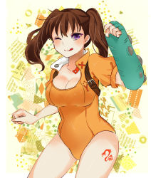 Rule 34 | 10s, 1girl, ;q, backpack, bag, blush, bodysuit, breasts, brown hair, buckle, cleavage, clenched hand, clenched hands, collage background, cowboy shot, diane (nanatsu no taizai), fingerless gloves, gloves, high collar, highres, large breasts, leotard, long hair, nanatsu no taizai, one eye closed, puffy short sleeves, puffy sleeves, purple eyes, rr u, short sleeves, single glove, solo, standing, tattoo, tongue, tongue out, twintails