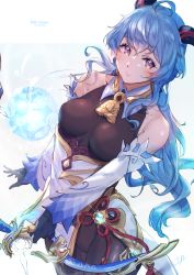 Rule 34 | 1girl, absurdres, ahoge, amos&#039; bow (genshin impact), bare shoulders, bell, black gloves, blue hair, blush, bodystocking, bow (weapon), breasts, character name, chinese knot, commentary request, cowboy shot, detached sleeves, flower knot, ganyu (genshin impact), genshin impact, gloves, goat horns, groin, highres, holding, holding bow (weapon), holding weapon, horns, kuziaaizuk, long hair, long sleeves, looking at viewer, medium breasts, neck bell, orb, purple eyes, sidelocks, solo, standing, tailcoat, vision (genshin impact), weapon