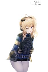 Rule 34 | 1girl, :d, ahoge, arms behind back, bad id, bad pixiv id, bandage on face, bandages, blonde hair, blue eyes, blue jacket, cowboy shot, dano, explosive, girls&#039; frontline, girls&#039; frontline 2: exilium, grenade, gun, handgun, headset, highres, holster, holstered, jacket, load bearing vest, long hair, long sleeves, looking at viewer, one eye closed, open mouth, pantyhose, pouch, side ponytail, smile, solo, tactical clothes, vepley (girls&#039; frontline 2), weapon, white background, white pantyhose
