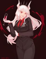 Rule 34 | 1girl, bad id, bad pixiv id, black background, black jacket, black necktie, black pants, cirrika, collared shirt, commentary, cowboy shot, cup, drink, drinking glass, formal, gloves, hand up, helltaker, holding, holding drink, horns, jacket, long hair, long sleeves, looking at viewer, lucifer (helltaker), mole, mole under eye, necktie, pants, parted lips, red eyes, red shirt, red wine, shirt, sigil, simple background, smile, solo, suit, suit jacket, tiara, white gloves, white hair, wine glass