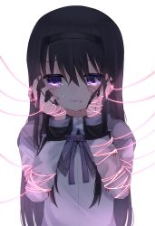 Rule 34 | 1girl, absurdres, akemi homura, black hair, black hairband, bleeding, blood, blood from mouth, blood on clothes, commentary request, crying, crying with eyes open, cuts, dark, glowing, hairband, hands on own cheeks, hands on own face, highres, injury, long hair, long sleeves, magical girl, mahou shoujo madoka magica, mahou shoujo madoka magica (anime), purple eyes, rairai (light), shirt, simple background, solo, string, tears, upper body, white background, white shirt