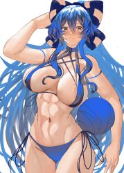 Rule 34 | 1girl, abs, ball, blue bow, blue eyes, blue hair, blush, bow, breasts, hair bow, hand in own hair, highres, large breasts, long hair, looking at viewer, muscular, muscular female, simple background, solo, tomatolover16, toned, touhou, very long hair, white background, yorigami shion