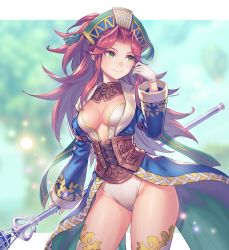 Rule 34 | 1girl, anbe yoshirou, angela (seiken densetsu 3), archmage, blue coat, blurry, blurry background, breasts, cleavage, closed mouth, coat, contrapposto, corset, cowboy shot, detached collar, earrings, gloves, green eyes, hand up, hat, highres, holding, holding staff, jewelry, leotard, light particles, long hair, long sleeves, looking away, looking to the side, medium breasts, parted bangs, pointy ears, purple hair, red hair, seiken densetsu, seiken densetsu 3, sidelocks, sleeve cuffs, smile, solo, staff, stud earrings, tassel, thighhighs, white gloves, white leotard, white thighhighs