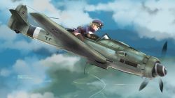 Rule 34 | 1girl, aircraft, airplane, blonde hair, blue eyes, cloud, dated, day, flying, fw 190, goggles, goggles on head, goggles on headwear, hat, highres, leaning forward, military, military uniform, original, peaked cap, short hair, signature, sky, solo, thighhighs, tokihama jirou, uniform, vehicle focus, world war ii, zettai ryouiki