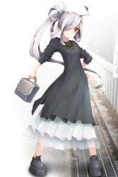 Rule 34 | 10s, 1girl, ahoge, alternate costume, asashimo (kancolle), bag, black dress, casual, dress, fence, green eyes, hair over one eye, hair ribbon, hand on own hip, handbag, highres, jewelry, kantai collection, long hair, long sleeves, looking at viewer, momin, necklace, ponytail, ribbon, shoes, silver hair, sleeves rolled up, smile, solo, standing, very long hair