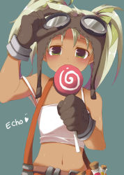 Rule 34 | 1girl, ahugni, bare shoulders, blue background, candy, character name, dark-skinned female, dark skin, echo (elsword), elsword, food, gloves, goggles, lollipop, looking at viewer, navel, potion, simple background, solo, tagme, white hair