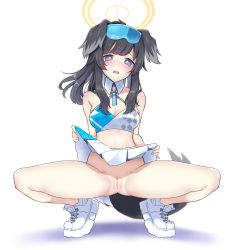 Rule 34 | 1girl, animal ears, bar censor, bare arms, bare shoulders, black hair, blue archive, blue eyes, blue hair, blush, breasts, censored, clothes lift, detached collar, dog ears, dog girl, dog tail, eyewear on head, goggles, goggles on head, halo, hibiki (blue archive), hibiki (cheer squad) (blue archive), highres, lifted by self, long hair, looking at viewer, millennium cheerleader outfit (blue archive), miniskirt, no panties, official alternate costume, open mouth, presenting, pussy, shoes, simple background, skirt, skirt lift, small breasts, sneakers, solo, spread legs, squatting, sudou (s7 d8), sunglasses, tail, white background, white footwear, white skirt, yellow halo