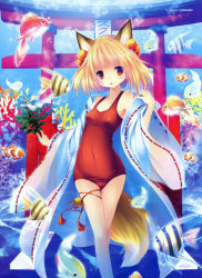 Rule 34 | 1girl, absurdres, alternate color school swimsuit, animal ears, blonde hair, brown eyes, fish, fox ears, highres, japanese clothes, miko, one-piece swimsuit, open clothes, original, parutaru, red one-piece swimsuit, school swimsuit, short hair, solo, swimsuit, swimsuit under clothes, tail, torii, underwater, water