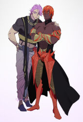 Rule 34 | 2boys, ashwatthama (fate), black shirt, cropped shirt, crossed arms, dark-skinned male, dark skin, duryodhana (fate), earrings, facial hair, fate/grand order, fate (series), full body, goatee, goatee stubble, gun xxx3, hand on another&#039;s shoulder, hand on own hip, indian clothes, jewelry, male focus, mature male, midriff, multiple boys, muscular, muscular male, navel, necklace, pectorals, puffy pants, purple eyes, purple hair, red hair, sash, shirt, short hair, shoulder sash, signature, simple background, single earring, stubble, topless male, white background, yellow eyes