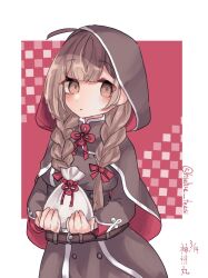 Rule 34 | 1girl, bag, braid, breasts, brown capelet, brown dress, brown hair, capelet, cowboy shot, dress, highres, holding, hood, hooded capelet, kantai collection, large breasts, long hair, looking at viewer, mattan kanpa, one-hour drawing challenge, satchel, shinshuu maru (kancolle), solo, twin braids