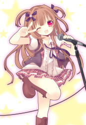 Rule 34 | 1girl, ;d, bad id, bad pixiv id, boots, brown hair, hair ribbon, idol, kosuzume, long hair, microphone, microphone stand, one eye closed, open mouth, original, ribbon, shirt, skirt, smile, solo, standing, standing on one leg, twintails, two side up, v, wink