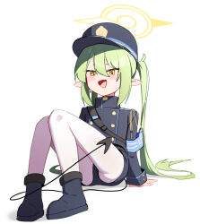 Rule 34 | 1girl, armband, black footwear, black hat, black jacket, black shorts, blue archive, blue armband, full body, green hair, hair between eyes, halo, hat, highres, jacket, knees up, long hair, long sleeves, nozomi (blue archive), open mouth, pointy ears, shorts, simple background, sitting, smile, solo, white background, whonyang, yellow halo