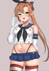 Rule 34 | absurdres, akigumo (kancolle), black neckerchief, black panties, blue sailor collar, blue skirt, brown hair, cosplay, crop top, elbow gloves, gloves, green eyes, grey background, hair ribbon, highleg, highleg panties, highres, kantai collection, long hair, microskirt, miniskirt, neckerchief, ok sign, panties, ponytail, ribbon, sailor collar, shimakaze (kancolle), shimakaze (kancolle) (cosplay), shirt, simple background, skirt, sleeveless, sleeveless shirt, striped clothes, striped thighhighs, tf cafe, thighhighs, underwear, white gloves