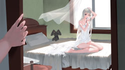 Rule 34 | 1girl, absurdres, antenna hair, bare shoulders, barefoot, bed, bedroom, blue ribbon, brown eyes, unworn clothes, curtains, dress, unworn dress, dressing, glass table, grey eyes, hair ribbon, hand in own hair, heart, highres, indoors, kamachi kamachi-ko, kasugano sora, long hair, long legs, looking at another, mouth hold, on bed, out of frame, panties, unworn panties, pillow, pov, pov hands, ribbon, shade, silver hair, sitting, sketch, sleeveless, solo focus, strap slip, stuffed animal, stuffed rabbit, stuffed toy, table, transparent, underwear, white dress, white panties, wind, window, yosuga no sora