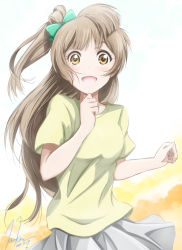 Rule 34 | 10s, 1girl, bow, brown eyes, brown hair, gradient background, hair bow, highres, kem kem, long hair, love live!, love live! school idol festival, love live! school idol project, md5 mismatch, minami kotori, open mouth, shirt, side ponytail, smile, solo, t-shirt